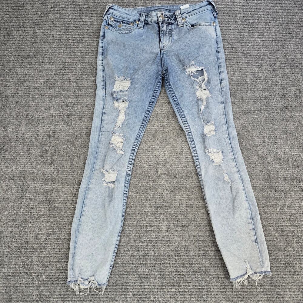 True Religion Halle Super Skinny Jeans Womens 31 Light Wash Distressed Raw Hem
